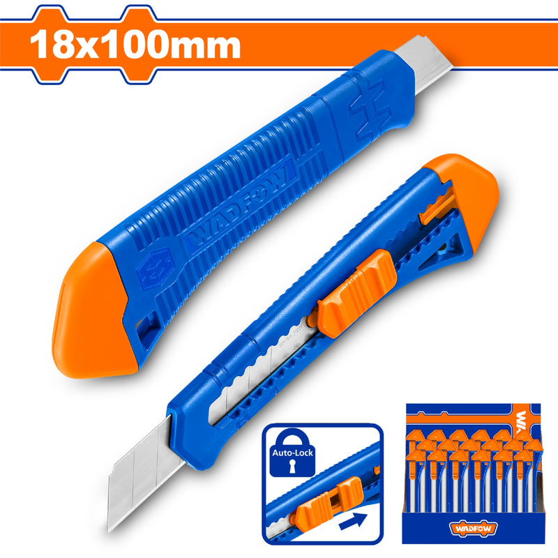 Exacto de Plástico 18x100mm. Con pulsador plano. Acero Inoxidable.