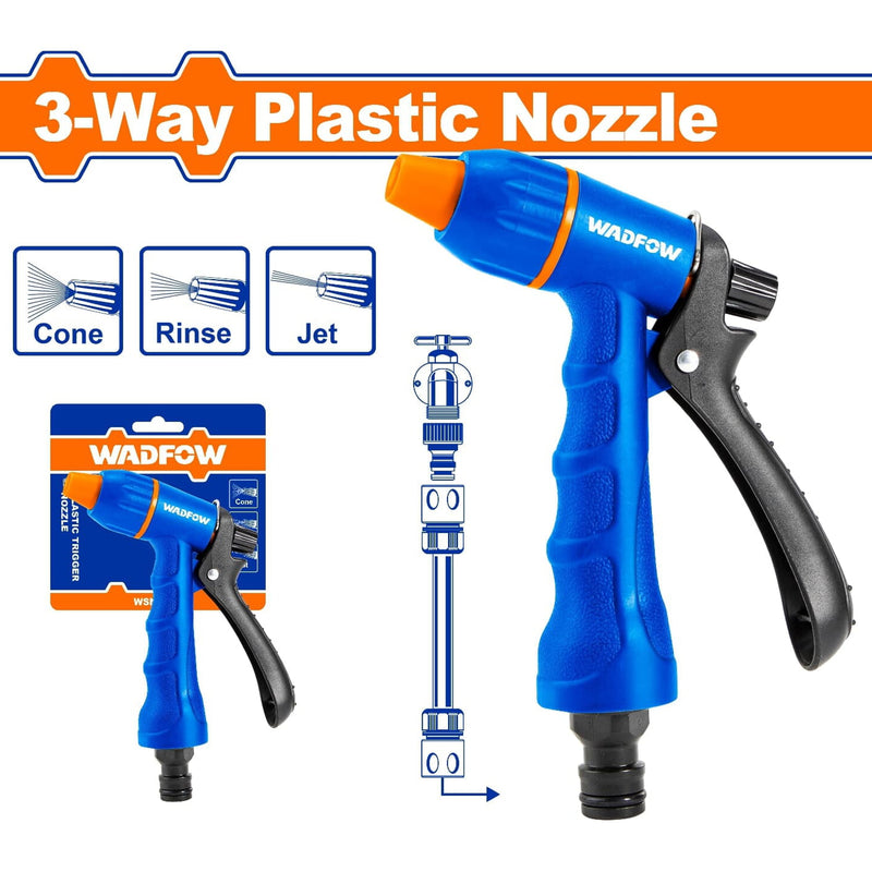 Pistola Boquilla de agua de plástico para manguera ajustable 3 vías. Agarre suave y cómodo. Gatillo de plástico.