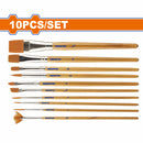 Pinceles Artísticos 10 en 1 con cerdas de Nylon. Redondo, plano, Angular y Otros. Mango de Madera.