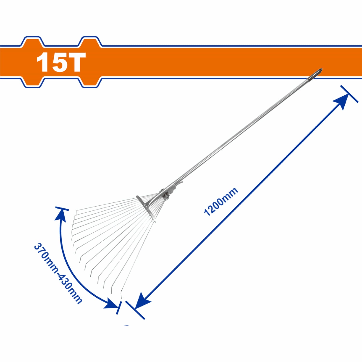Rastrillo metálico ajustable telescópico de 15 dientes. Long: 1220 mm-1580 mm Mango de acero galvanizado.