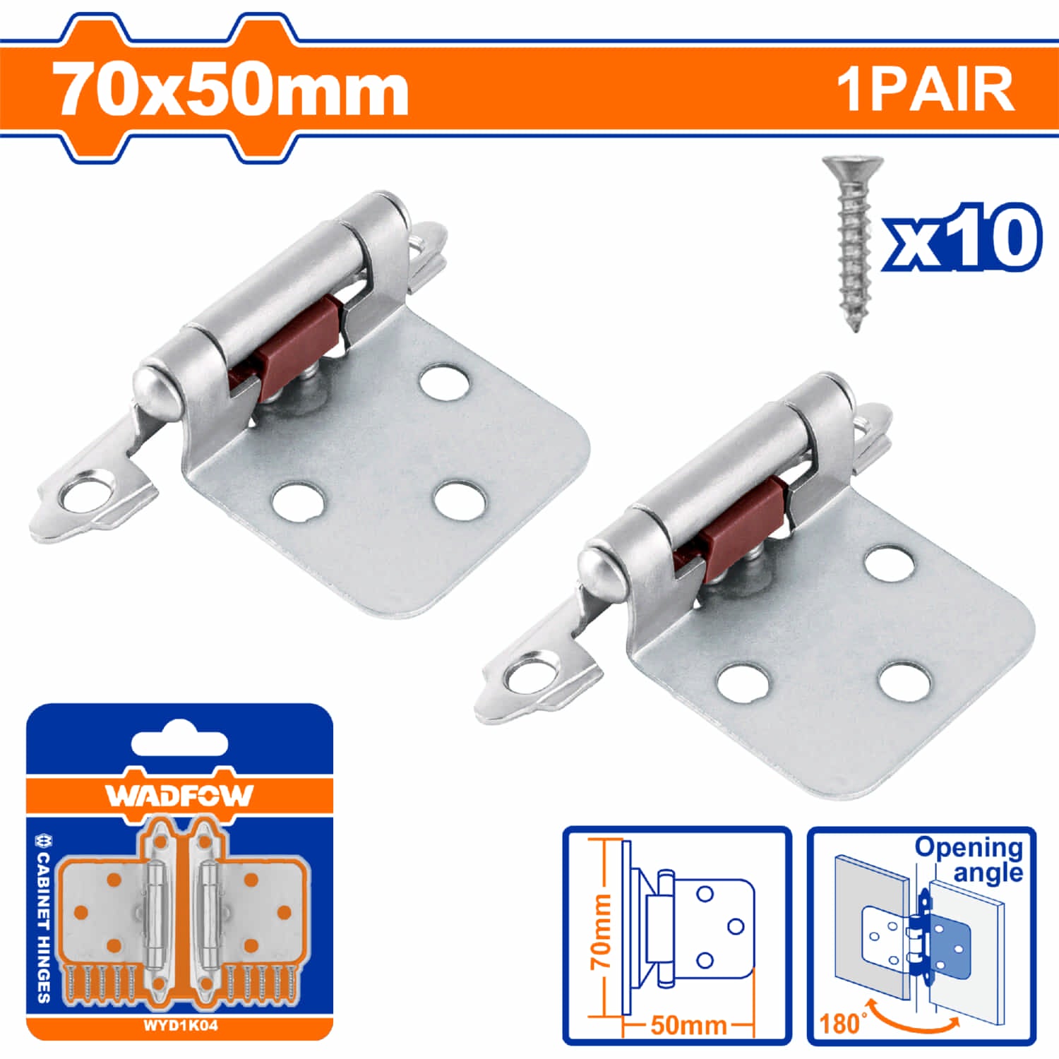Bisagras de presión para gabinete 50x70mm acabado niquelado. Incluye 10 tornillos. Viene en par.