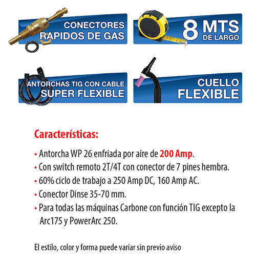 Antorcha Tig WP 26 cabeza flex con Swich remoto. Cuerpo ergonomico estilo europeo. Dinse 35mm 8 mts.