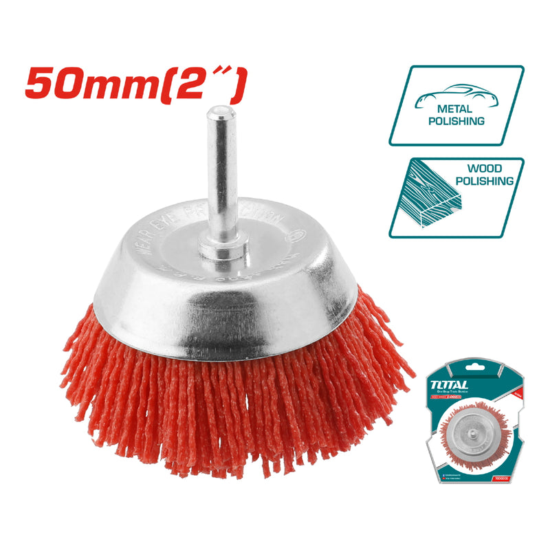 Cepillo de nylon de copa circular para taladro con vástago de 50mm.