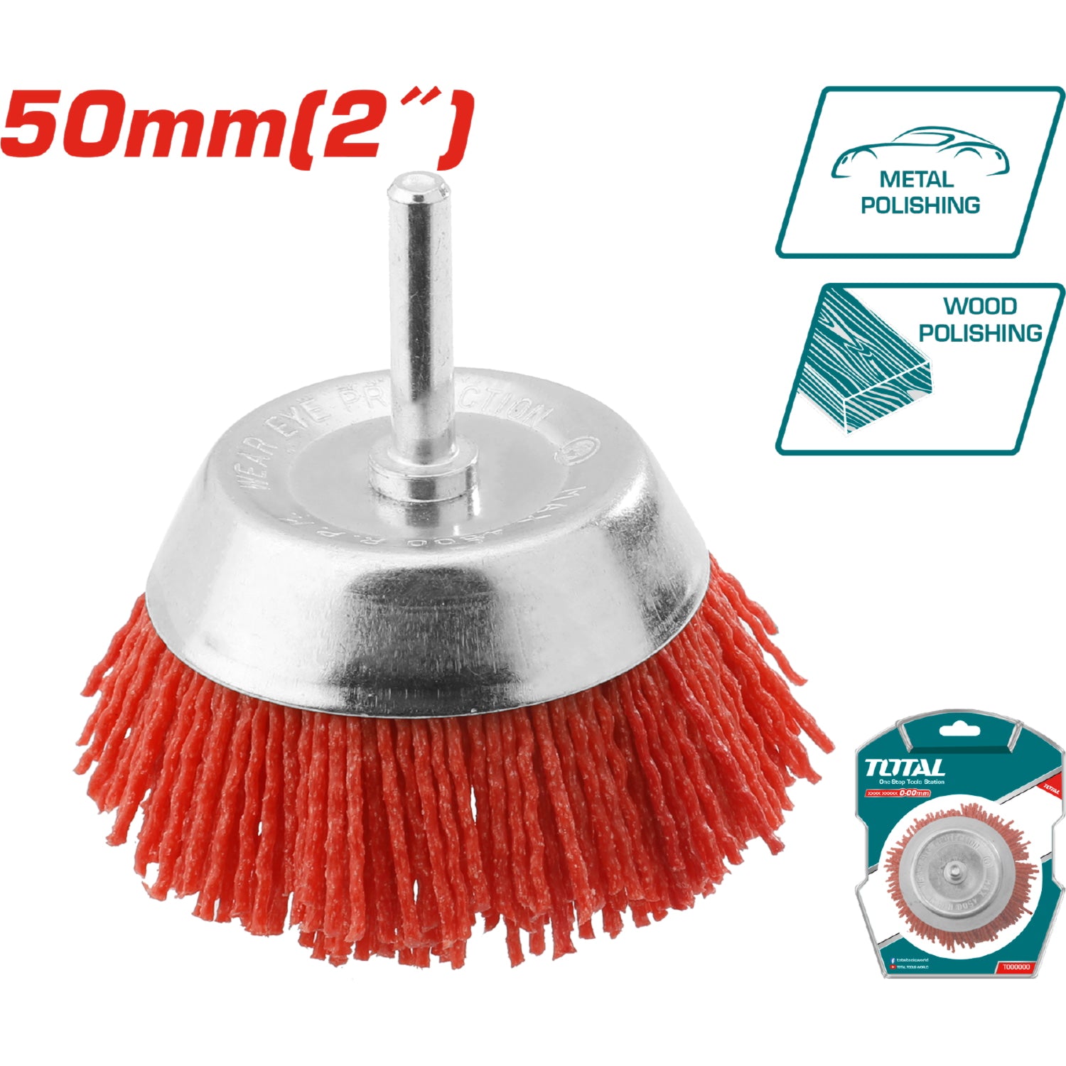 Cepillo de nylon de copa circular para taladro con vástago de 50mm.