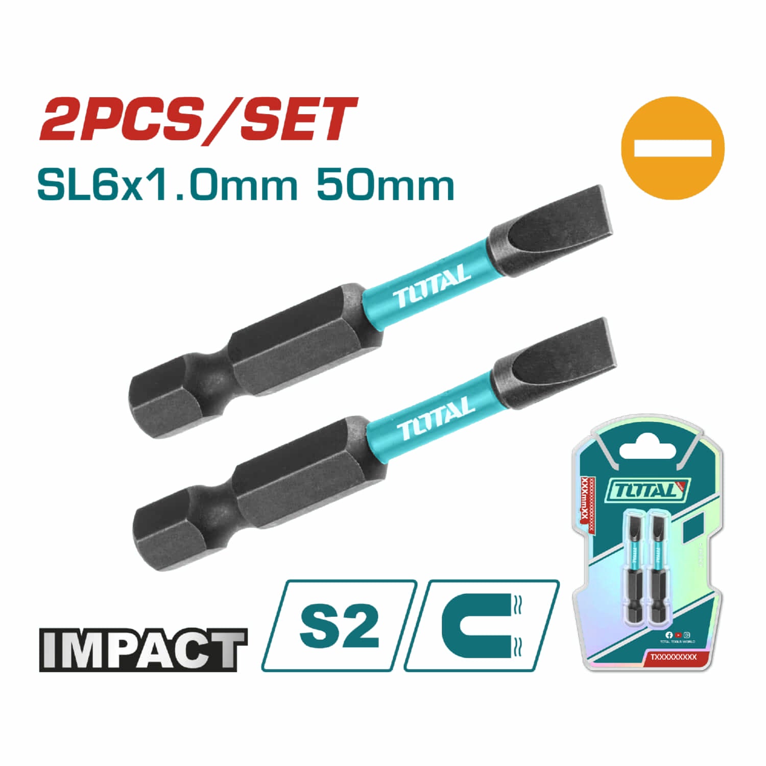 Puntas de Destornillador de Impacto SL6 50mm S2 Set de 2 pzas. Magnético. Tipo Plano.