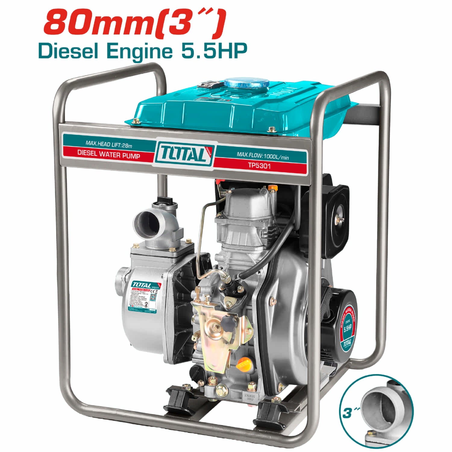 Bomba de Agua a Diesel 5.5 HP. Diámetro de salida 3" Flujo max: 1000L/min. Max. Elev. 28m