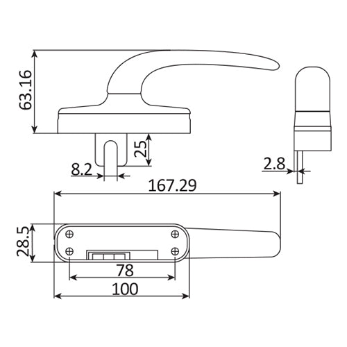 Manilla para sistema abatible y proyectable. Incluye operador forma de U de 24 mm. Funciona izq/der