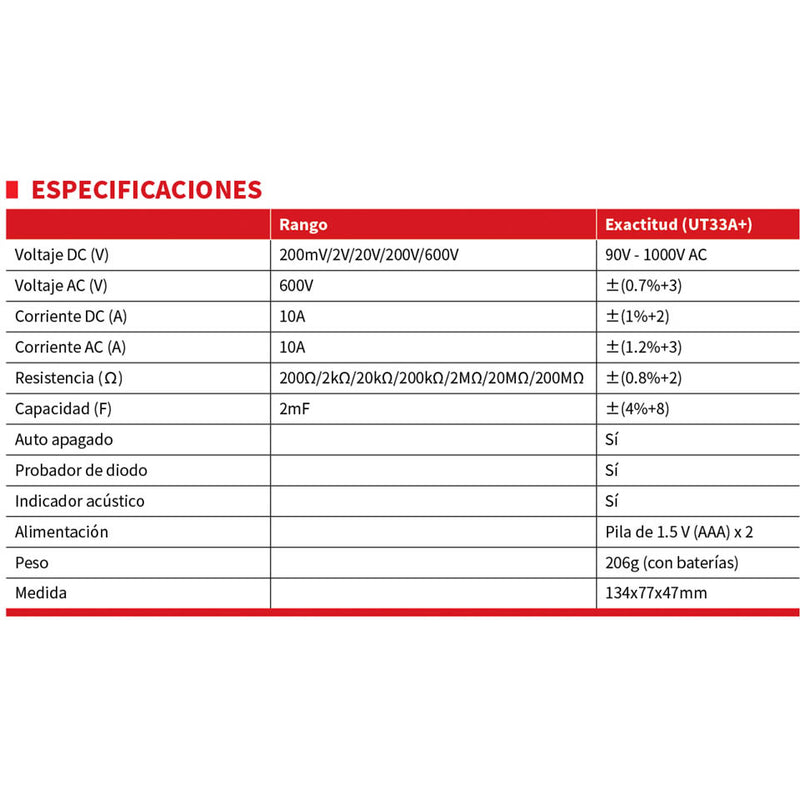 Multímetro digital de bolsillo UNI-T UT33C para medir corriente alterna y continua, voltaje alterno,