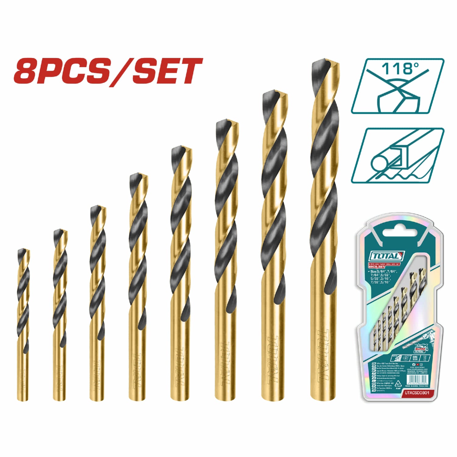 Brocas de metal Tamaños 5/64",7/64",7/64",5/32",5/32",3/16",7/32",5/16" set de 8 piezas HSS