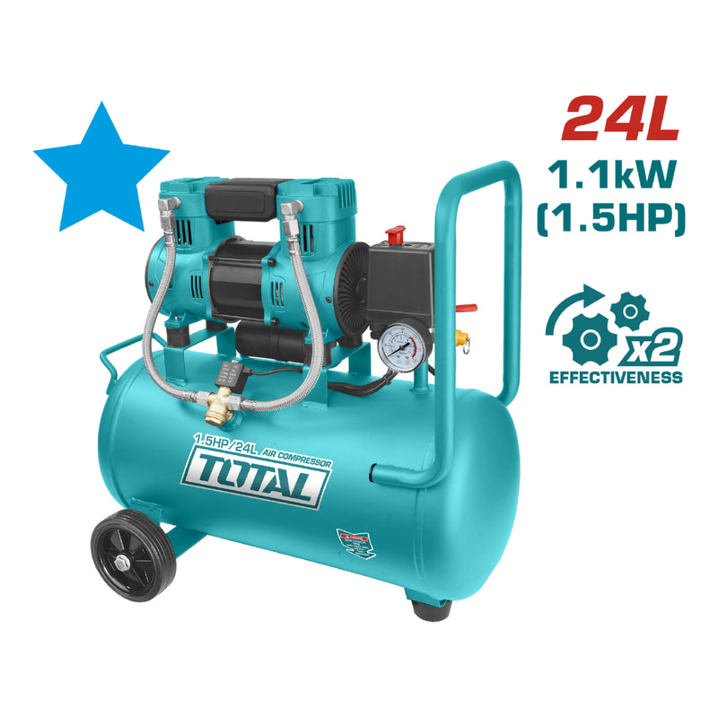 Compresor de Aire 24L 1.5Hp (sin aceite) Motor con bobina de aluminio. Comprime 2x más rapido. Apto para odontologia