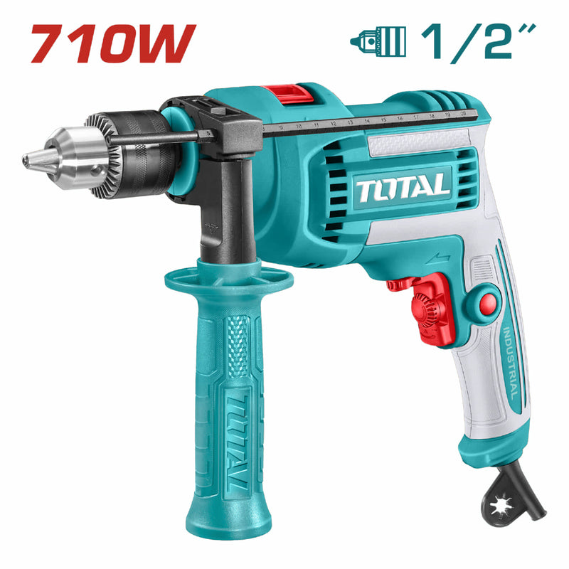 Taladro de Impacto Percutor 710W Velocidad sin carga: 0-2800rpm Capacidad de Perforación: 1/2" Velocidad variable. Función Martillo. Drill