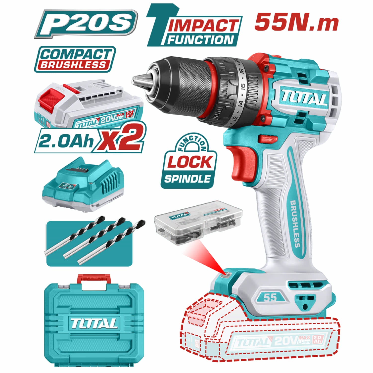 Drill Taladro Inalámbrico de 1/2" 20V Función de Impacto. Motor sin escobillas. 55Nm.  Incluye baterías y cargador.