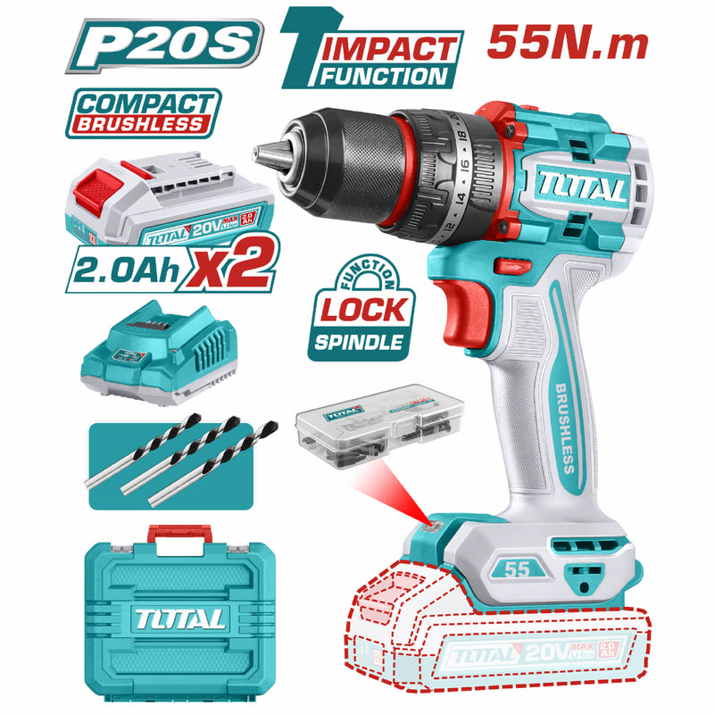 Drill Taladro Inalámbrico de 1/2" 20V Función de Impacto. Motor sin escobillas. 55Nm.  Incluye baterías y cargador.