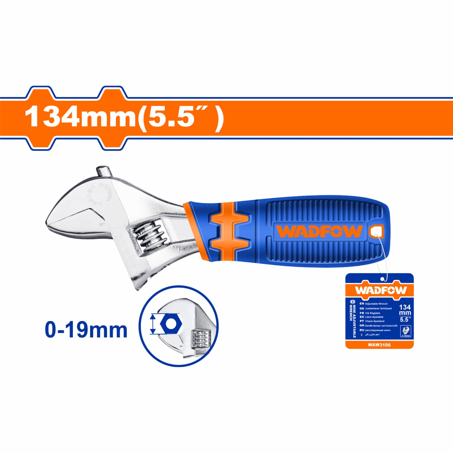 Mini Llave inglesa Longitud 5.5" Ajustable: 0-19mm. Diseño de mango ergonómico.