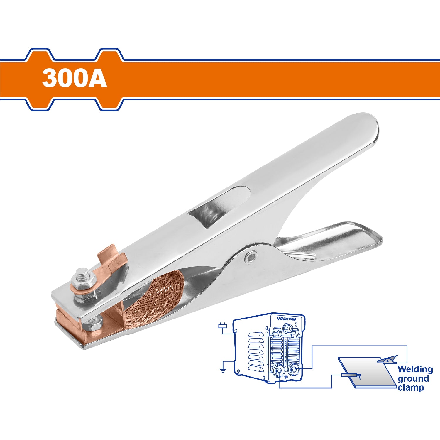 Pinza para cable tierra para soldadura de 300A. Apertura máx: 60mm. Longitud:170mm.