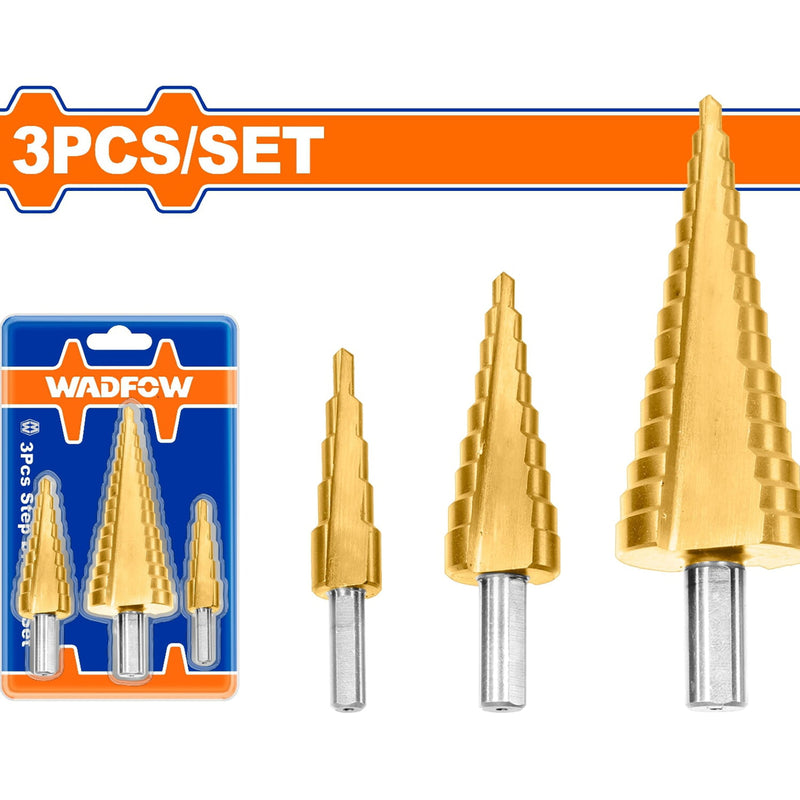 Brocas escalonadas HSS. Alta velocidad. 4-12mm, 4-20mm, 4-32mm. Espesor: ≤3mm. Set 3 pzas.