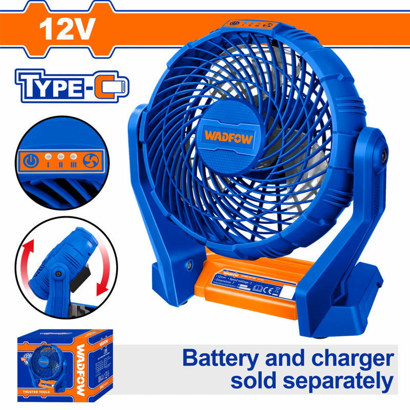 Abanico 7" 12V inalámbrico. Usa cable tipo-C Batería y cargador por separado.