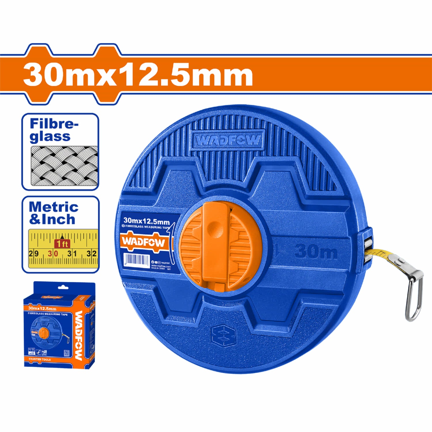Cinta métrica de Fibra de Vidrio. (Métrico/Pulgada). 30mx12.5mm. Retráctil.