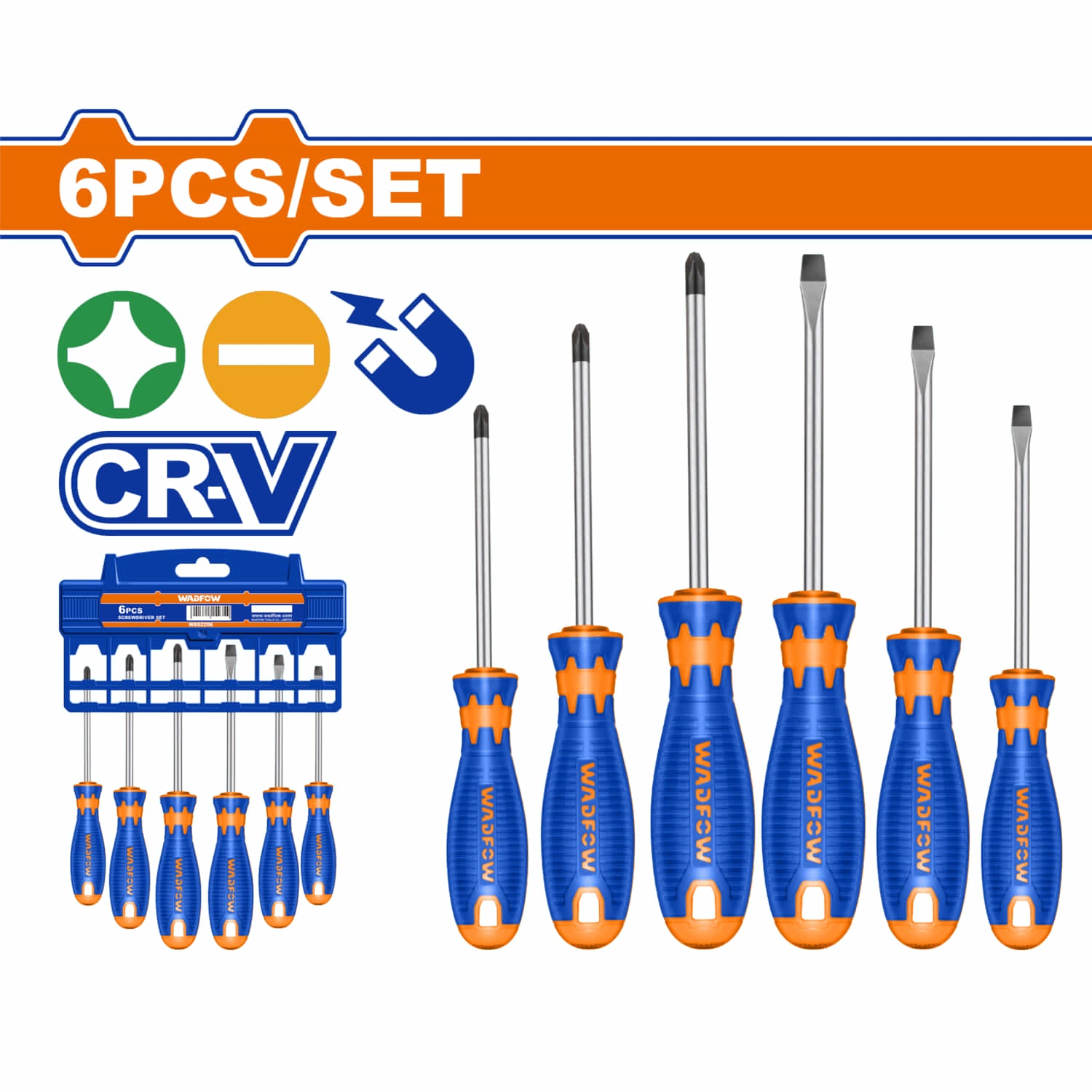 Destornilladores Punta plana SL y Phillips PH Vástago redondo Magnéticos Cr-V Set 6 pzas.