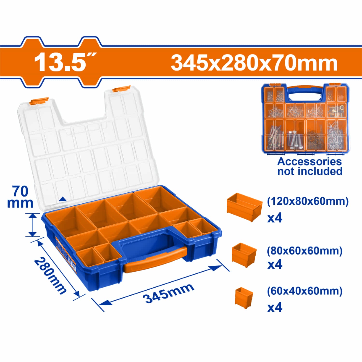 Organizador de Plástico de 13.5" 345x280x68mm. Con asa incorporada. Compartimiento Extraibles.