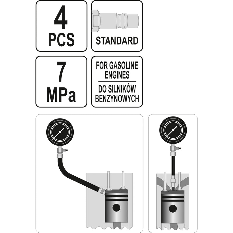 Probador test de fugas de cilindro prueba de compresión de motor gasolina 0-100 PSI (Set 4pzas)