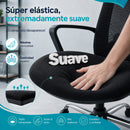 Silla de oficina ergonómica negra con respaldo de malla y apoyabrazos fijo. Silla cómoda para escritorio