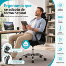 Silla de oficina ergonómica negra con respaldo de malla y apoyabrazos fijo. Silla cómoda para escritorio