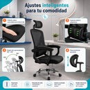 Silla de oficina ergonómica negra con respaldo de malla y apoyabrazos fijo. Silla cómoda para escritorio