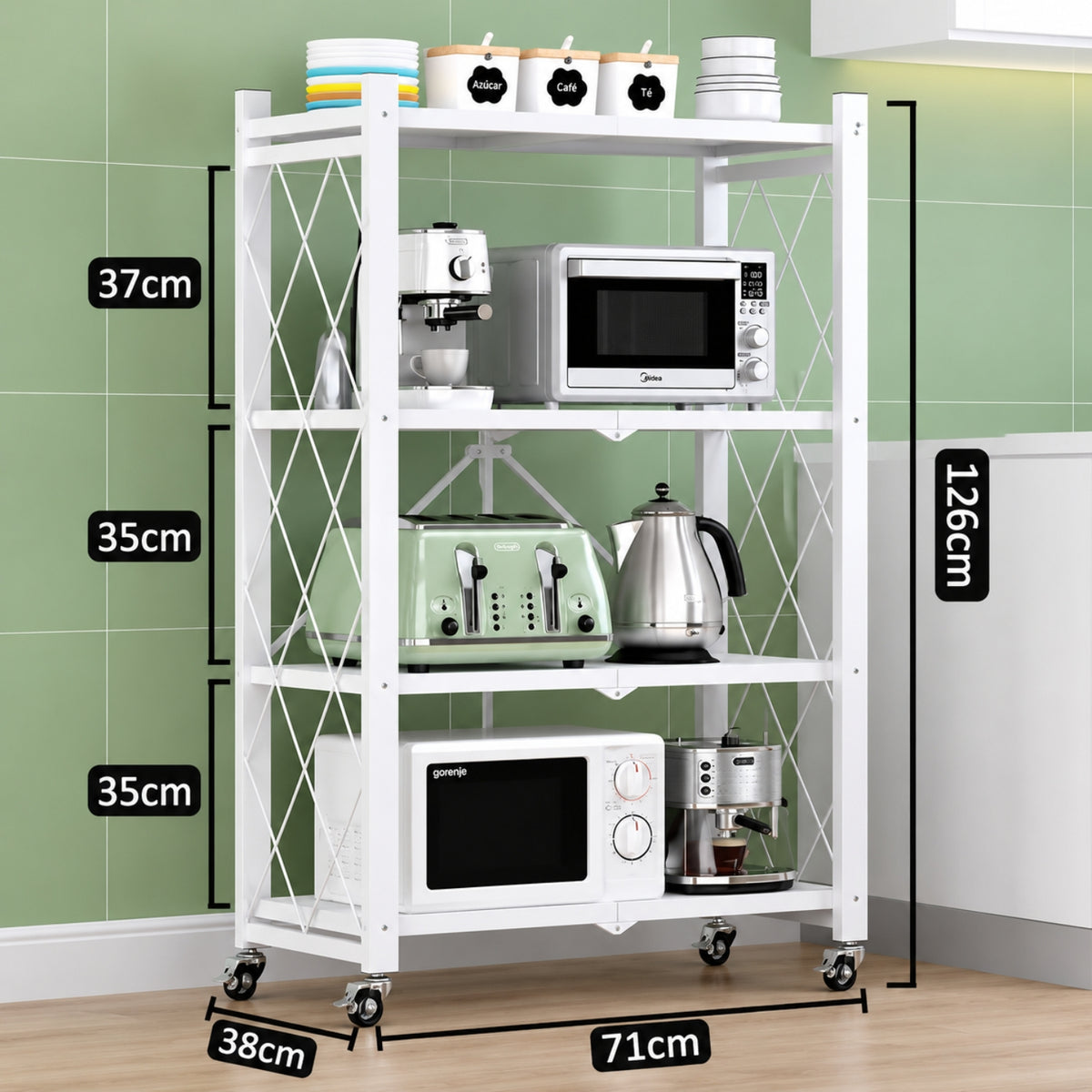 Estante Organizador con Ruedas (Color Blanco). Repisas para Almacenamiento Plegable con 4  Niveles. 126  x 71 x 38cm.