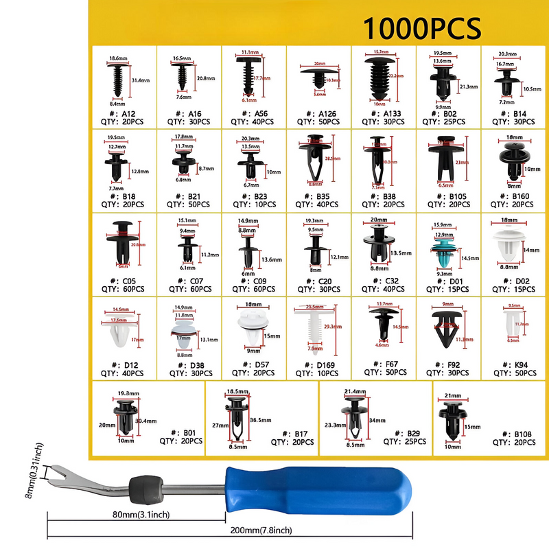 Clips de retención a presión autos, set de 1000 piezas con removedor, 32 tipos de clips.