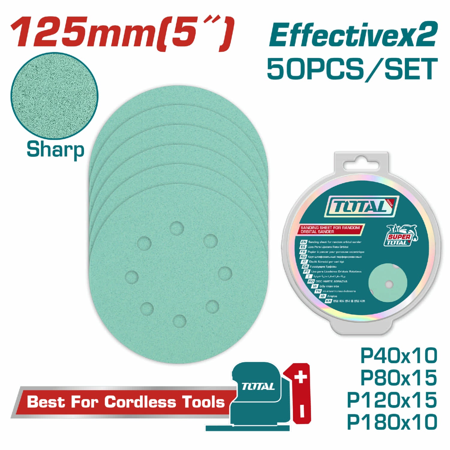 Lijas redondas Hojas de lijado para lijadora orbital aleatoria 5" P40,P80, P120, P180. Set de 50 piezas.