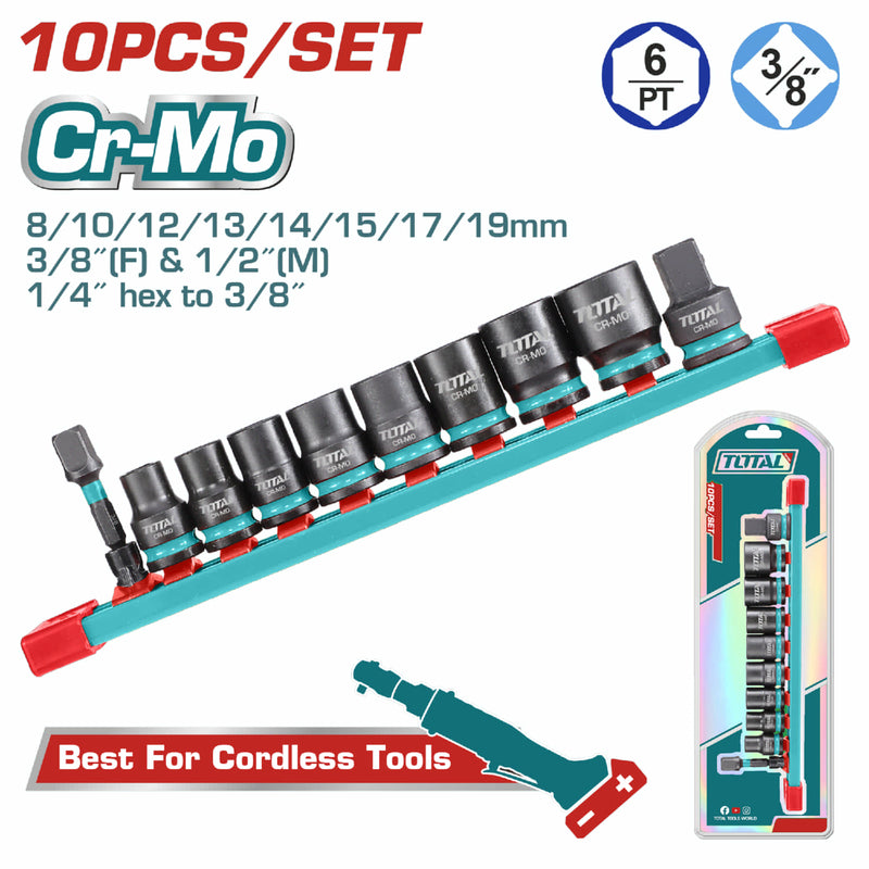 Dados Socket de Impacto 3/8" 8-14mm. Cr-Mo. Tratamiento térmico. Set de 10 piezas.