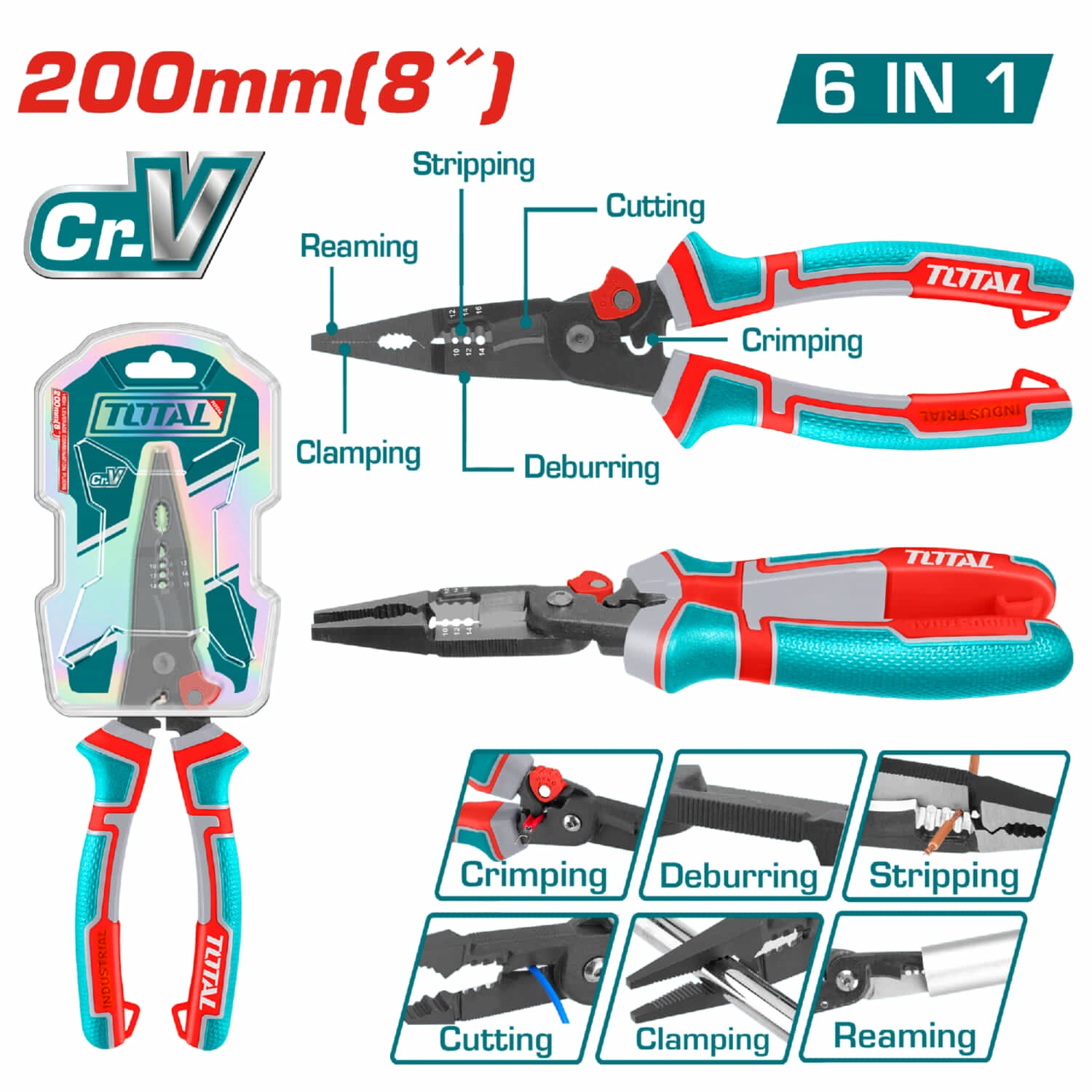 Alicates multifunción de punta larga 6 en 1. 8"/200mm. Cr-V. Acabado negro y pulido.