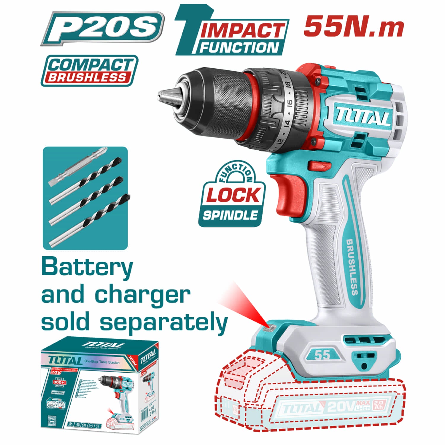 Taladro Inalámbrico de 1/2" 20V Función de Impacto. Motor sin escobillas. 55Nm. No incluye batería ni cargador.