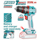 Taladro Inalámbrico de 1/2" 20V Función de Impacto. Motor sin escobillas. 55Nm. No incluye batería ni cargador.