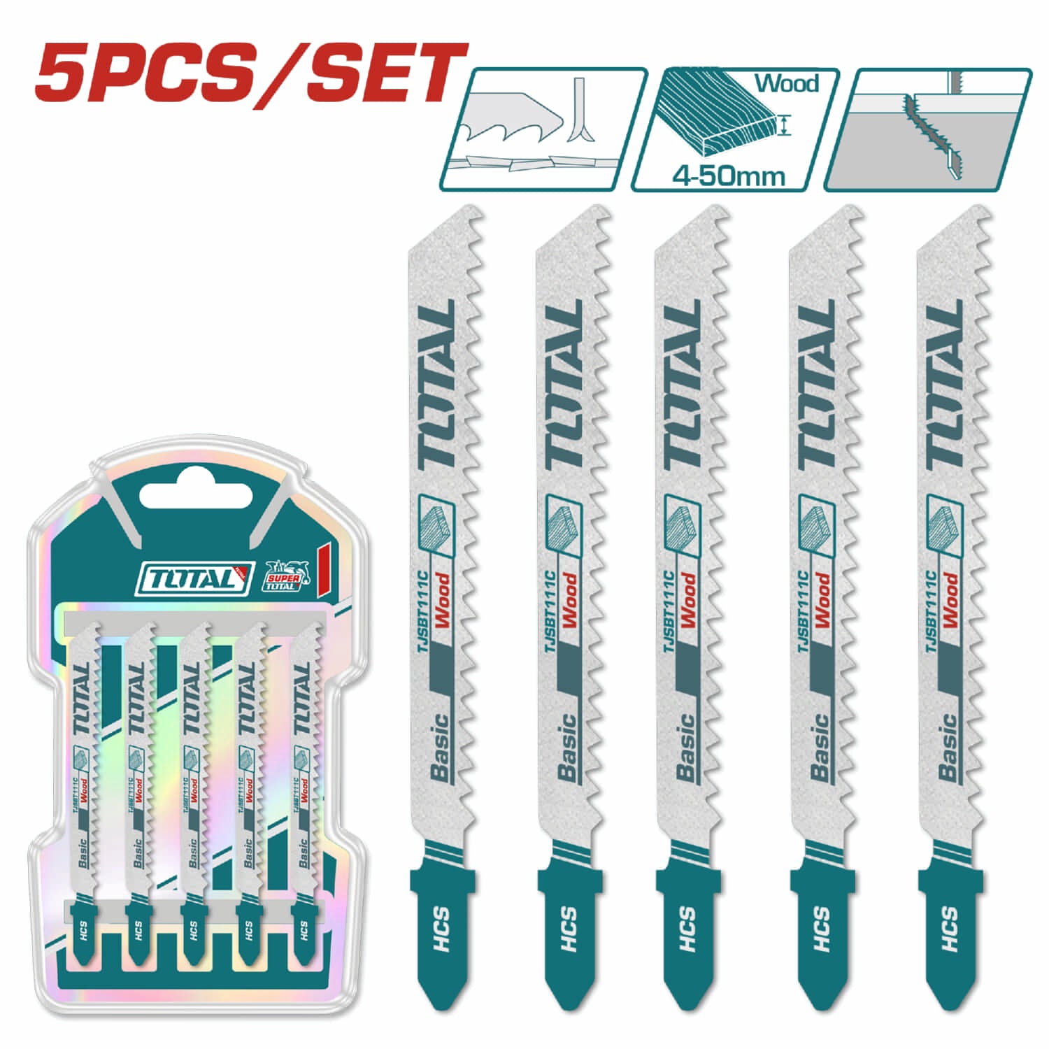 Hojas para sierra caladora tipo T para madera. 74mm. (8 dientes por pulgada) Set de 5
