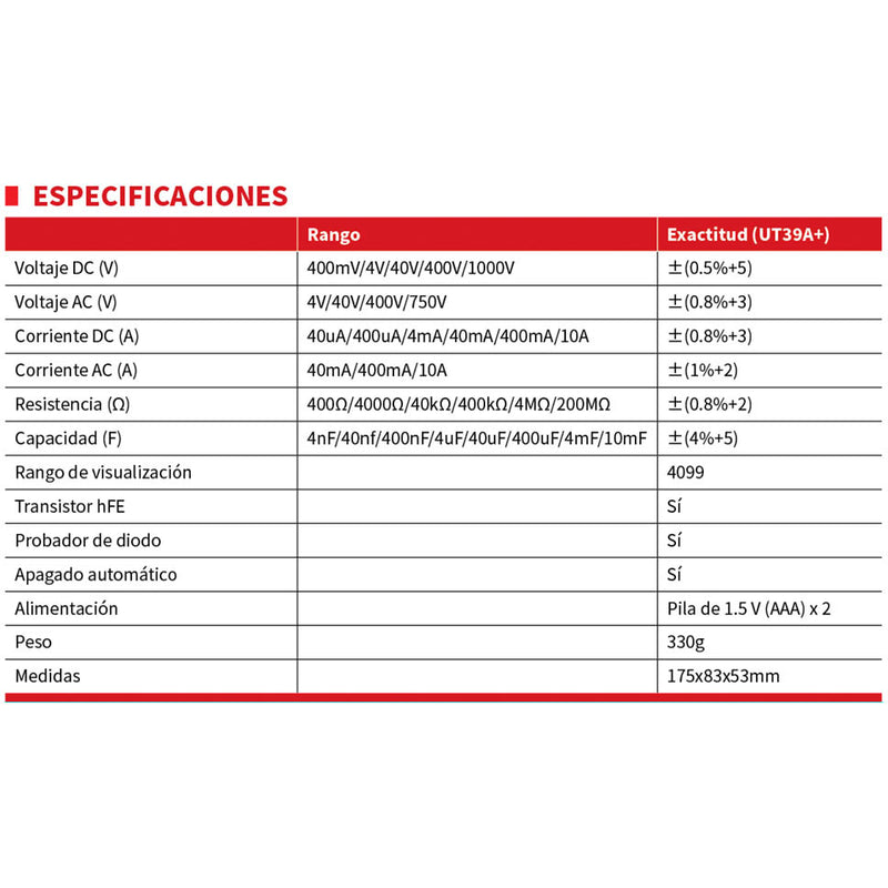 UNI-T UT39A+ multímetro Digital de rango automático probador actualizado de AC / DC / V / Ohm /