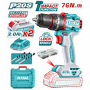 Taladro Inalámbrico 20V 1/2" 76Nm Impacto. Motor sin escobillas. Incluye 2 baterías y cargador y accesorios. Super Total