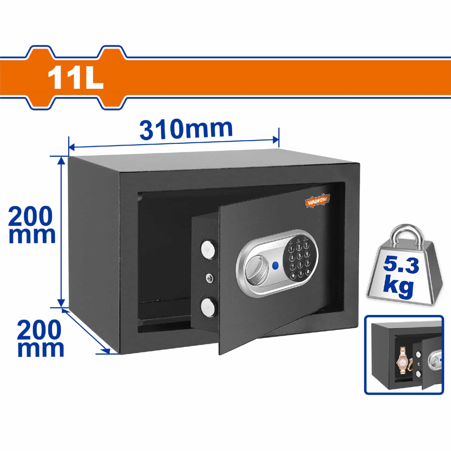 Caja fuerte de seguridad eléctrónica 11L. 200 x 310 x 200mm. Registra 3 a 8 dígitos.