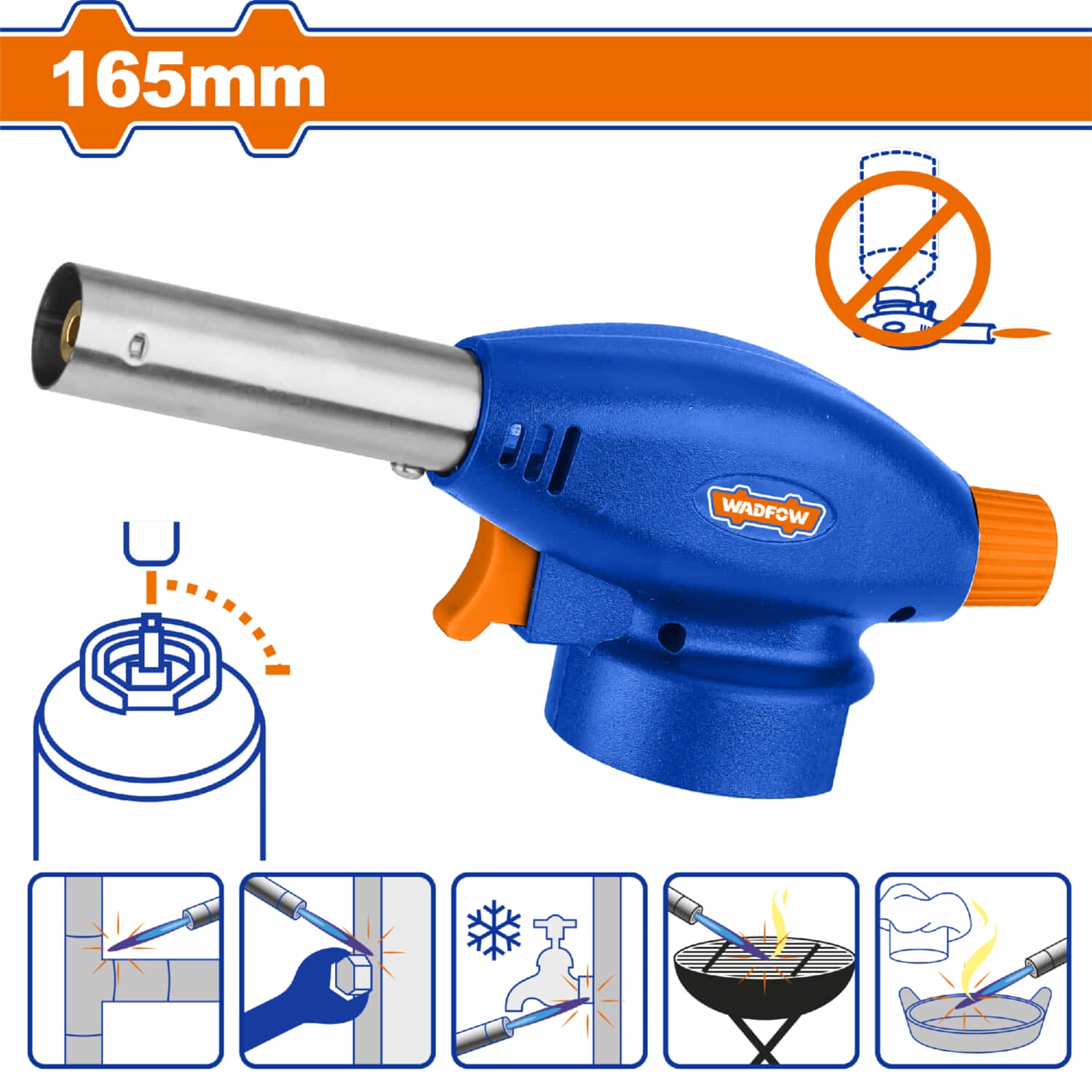 Soplete a Gas Butano 165mm. Encendido automático.Consumo de gas 80g/h. Uso doméstico. No trae gas. Antorcha