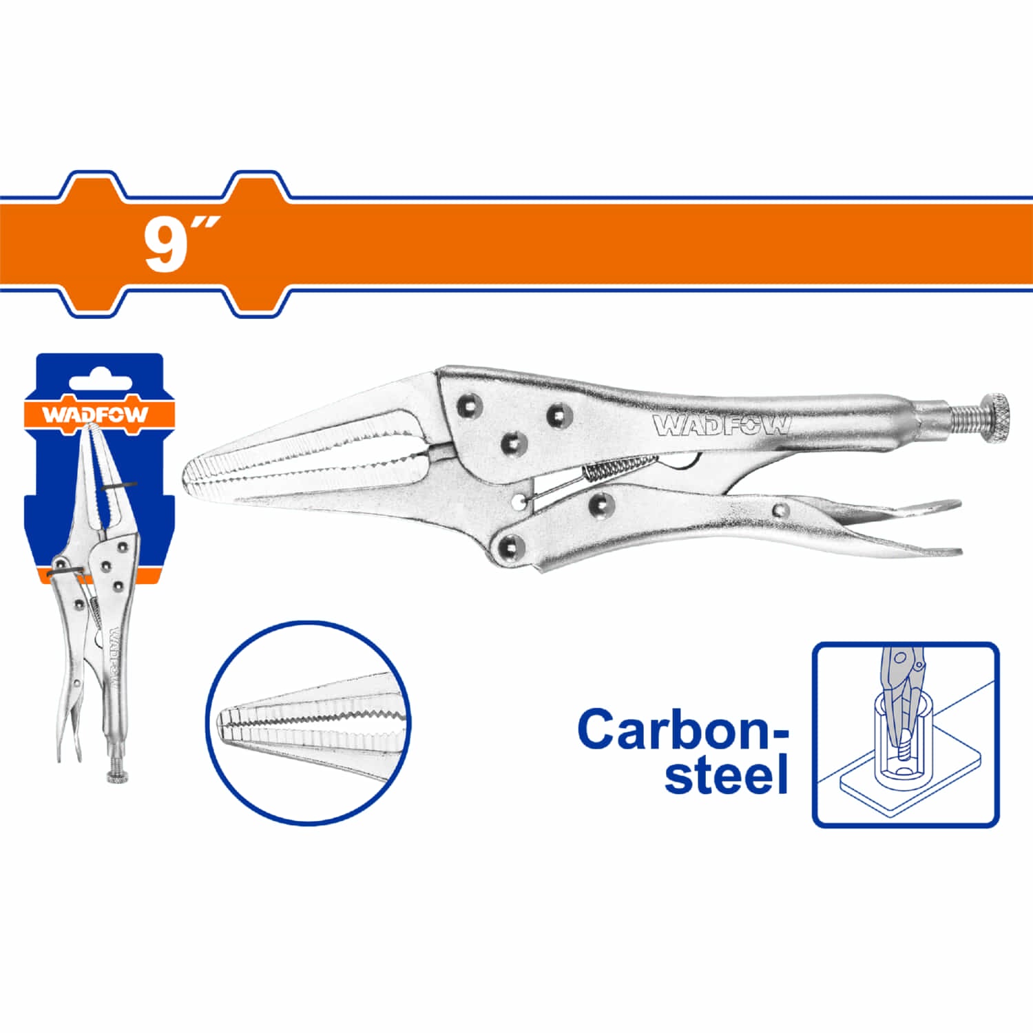 Alicate de presión punta larga 9" Rango. 0-67mm. HRC38º-HRC48º Acero al carbono. Niquelado. Pinza.