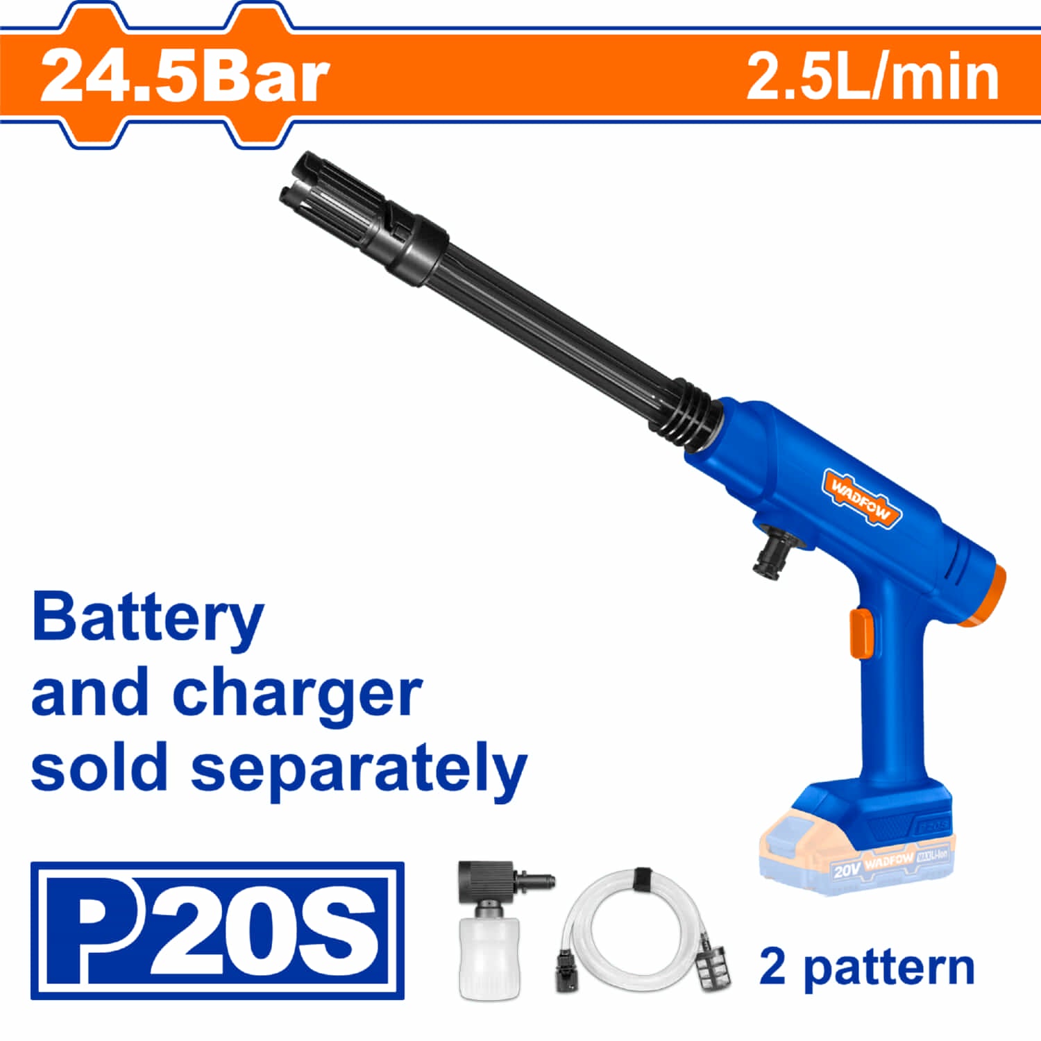 Hidrolavadora Inalámbrica 20V 2.5L Portátil. Presión 24.5 Bar. Batería y cargador por separado.