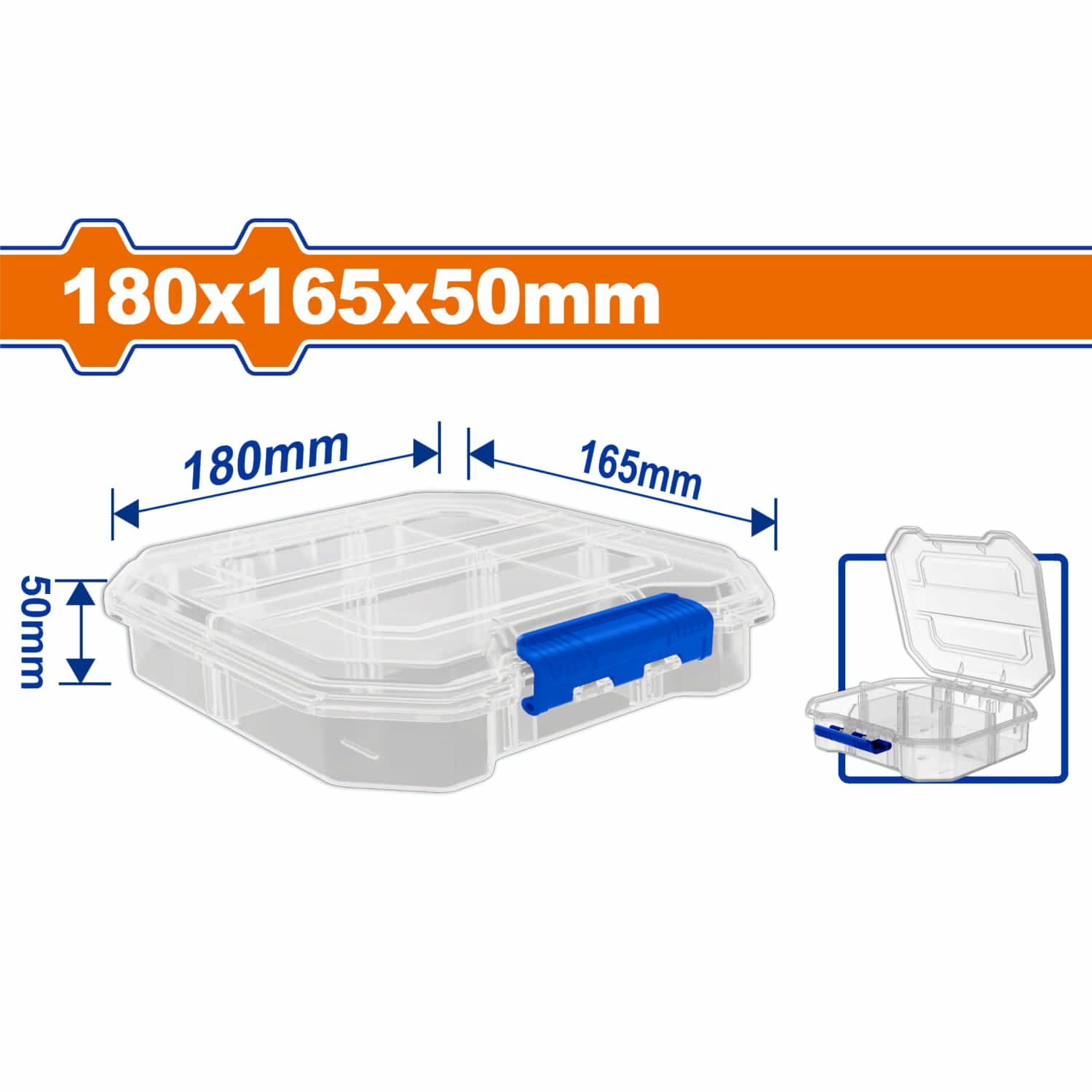 Caja Organizadora de Plástico Tamaño Pequeño. 180x165x50mm. 6 compartimientos. Separador removible.