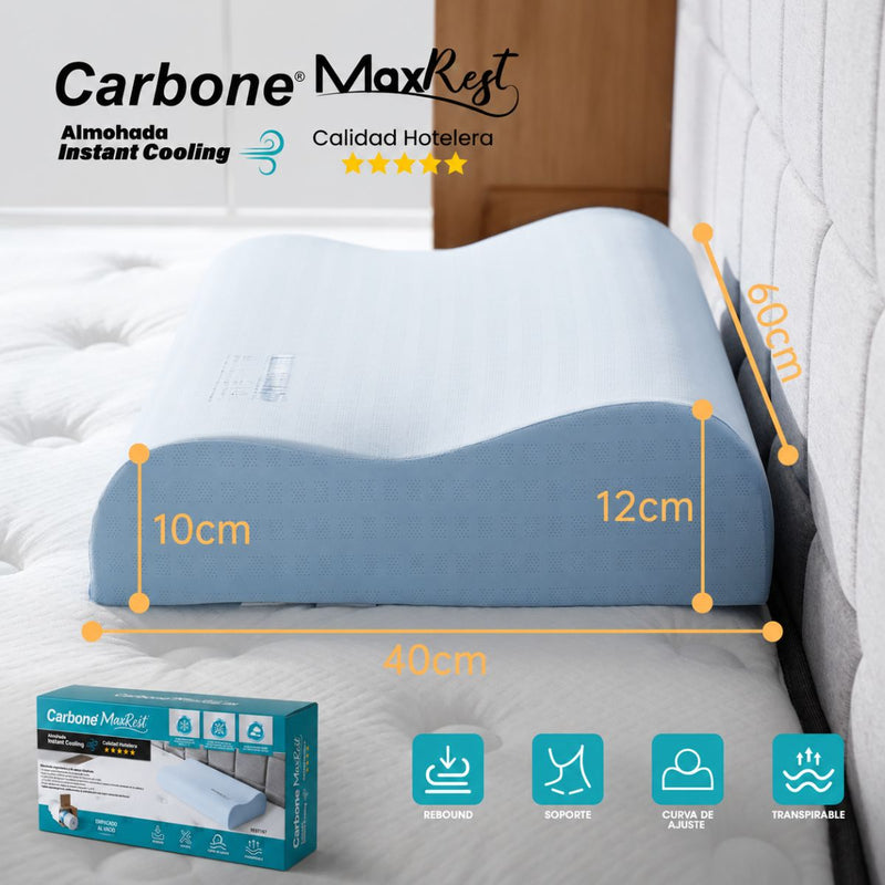 Almohada Cervical 60x40cm Carbone MaxRest. Memory Foam Hipoalergénica con Enfriamiento Instantáneo. Calidad Hotelera 5 Estrellas.