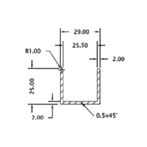 Uchanel inox. 25 mm glass. 3 mts largo. acabado Satinado.  (D1G003.11 -G003.12 -G003.13 -G003.14)