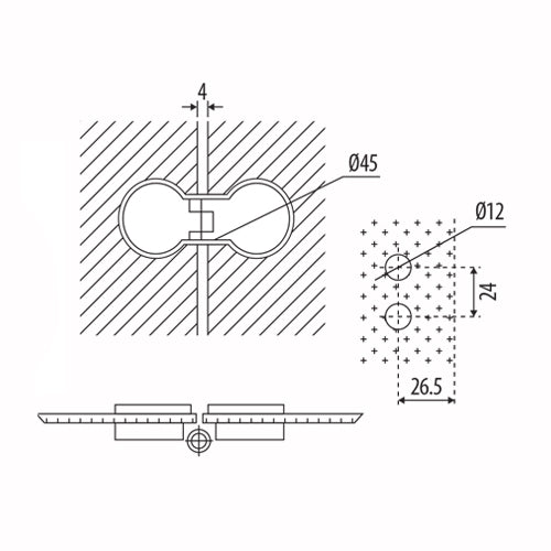 Bisagra para vidrio de 6 a 12 mm . Tipo vidrio-vidrio 180 grados. Acabado Brillante
