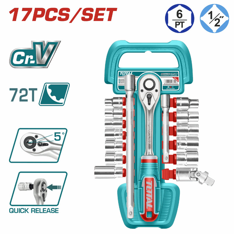 Dados Socket 1/2" Surtidos y mango socket de liberación rápida. Cr-V. 45T. Set de 17 piezas.