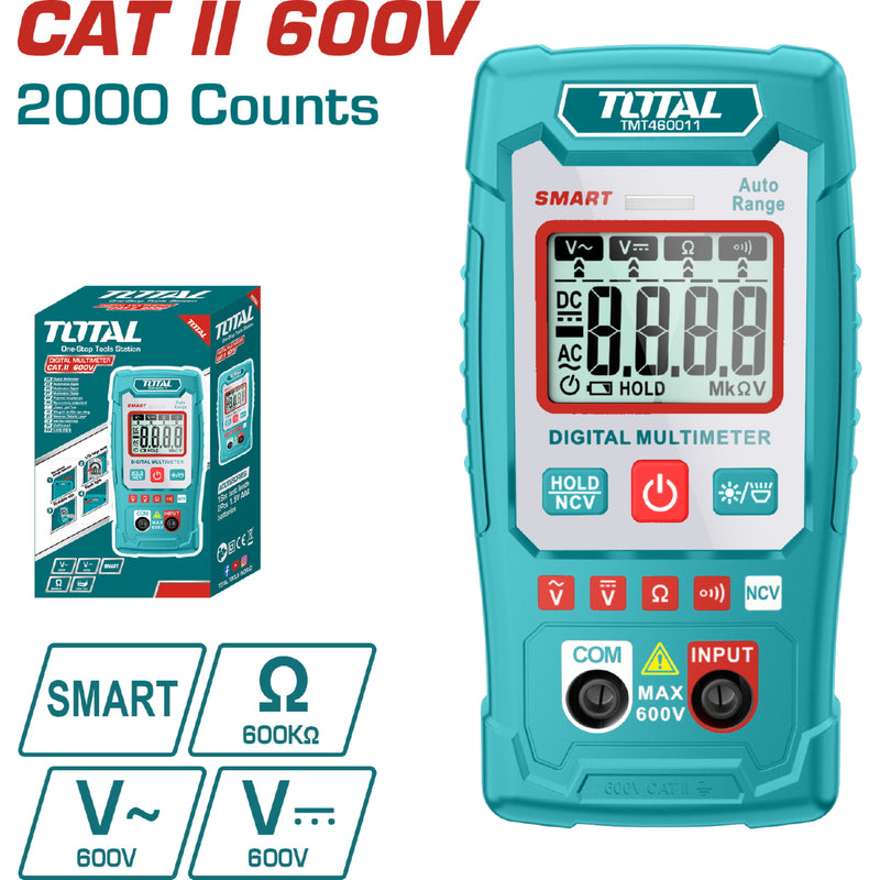 Multímetro Digital 2000 Conteos. Resistencia 600 kΩ.  AC / DC 0.8 ~ 600V.  Función inteligente.