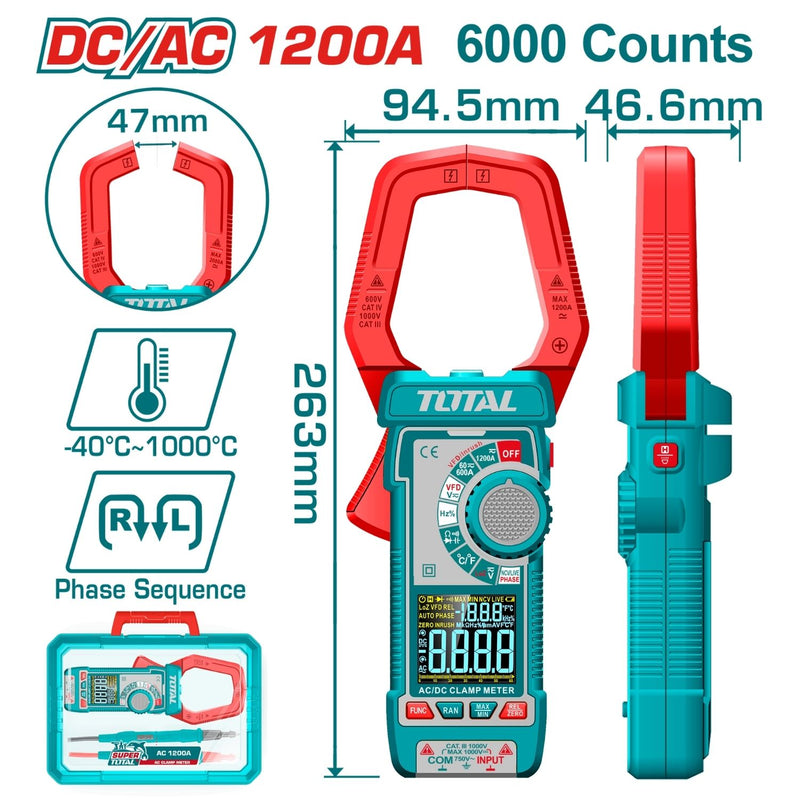 Medidor De Abrazadera Digital AC/DC 1200A, Pinza Amperimétrica Pantalla De 6000 Dígitos. Filtro de paso bajo. Con Retención De Datos.