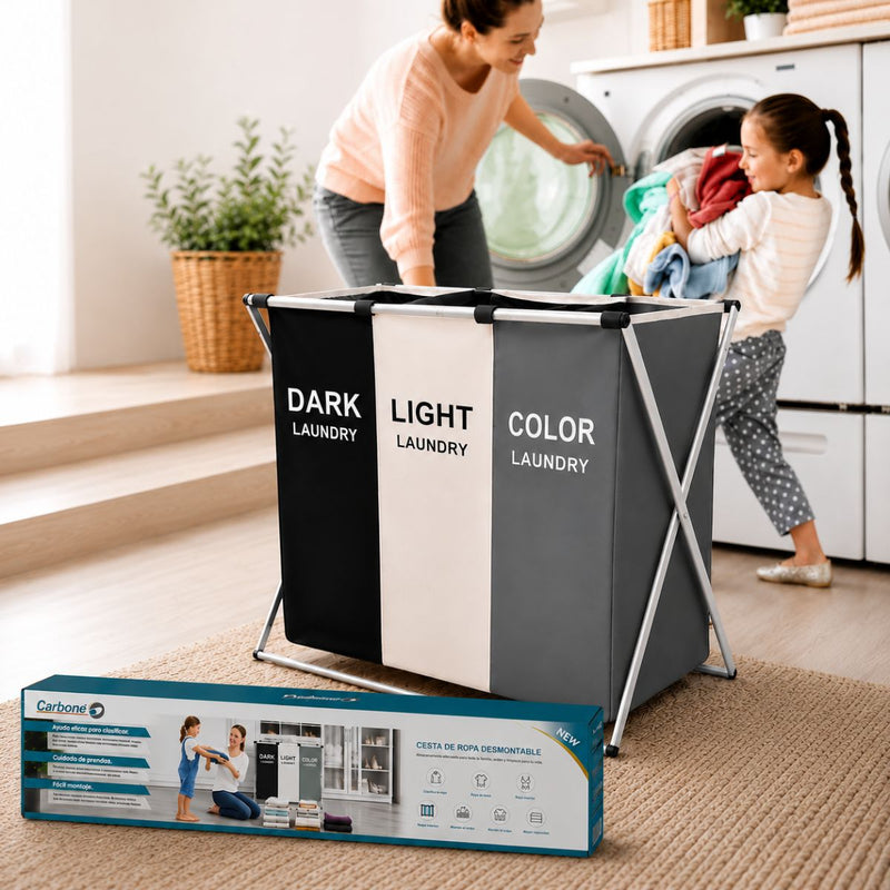 Cesta de ropa sucia plegable Cestos de 3 compartimentos 65x36x58 cm de aluminio plegable desmontable. Canasto Clasificador Para Baño O Lavandería.
